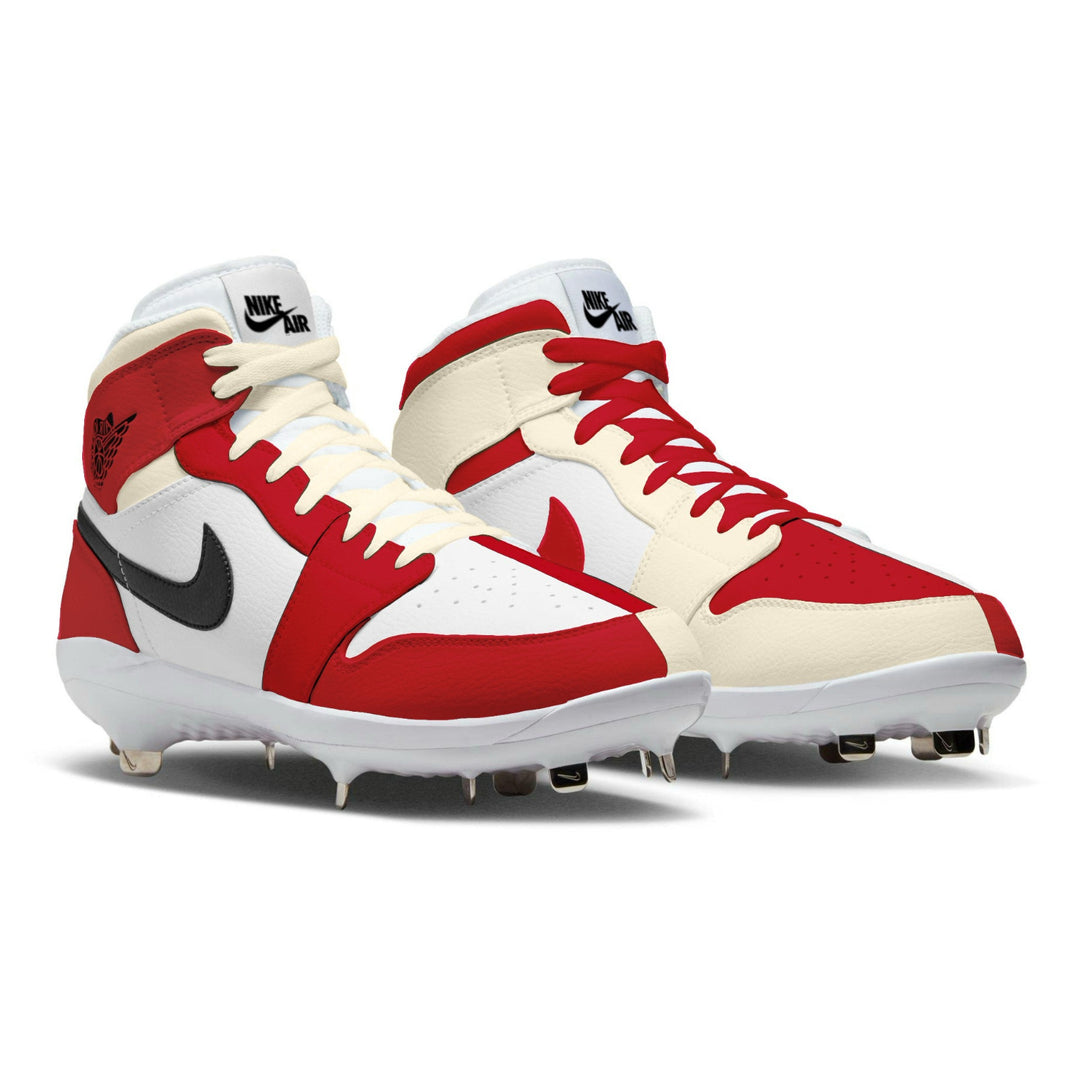 Red and white cleats with Nike logo on a white background