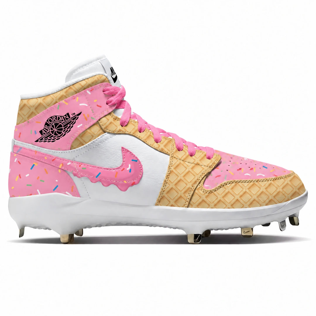 A high-top baseball cleat styled like a waffle cone, featuring a pink frosting upper, waffle-textured beige sides, and a white Nike swoosh and midsole, shown against a plain white background.