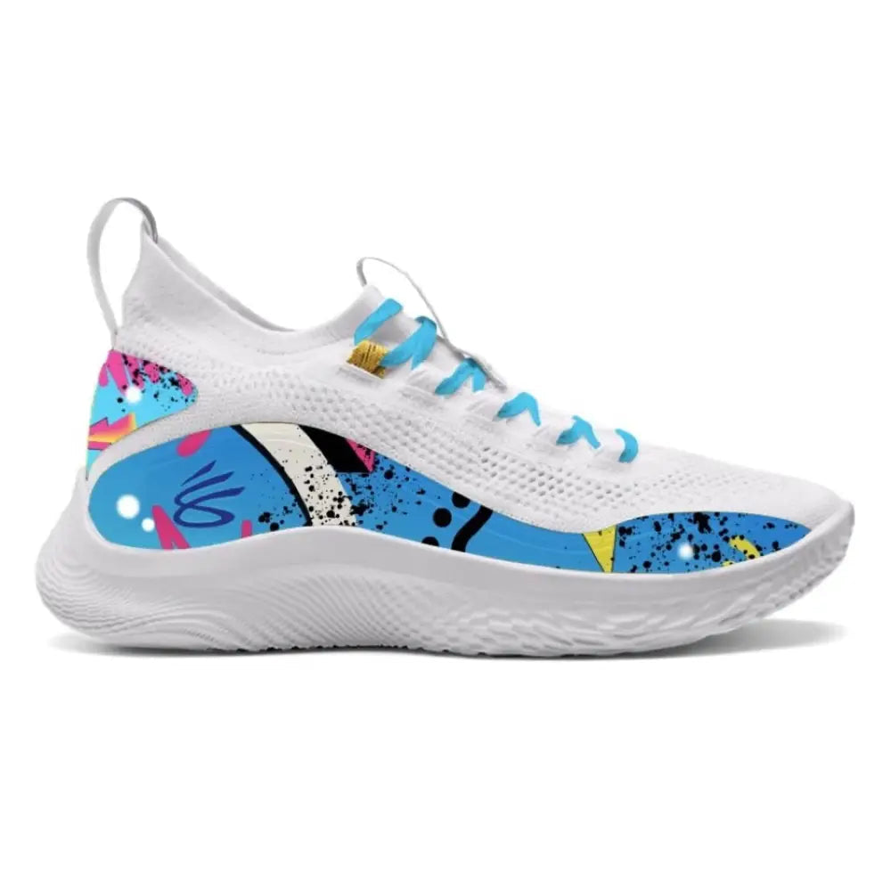 White and blue patterned Under Armour Curry 8 athletic shoe for street art style