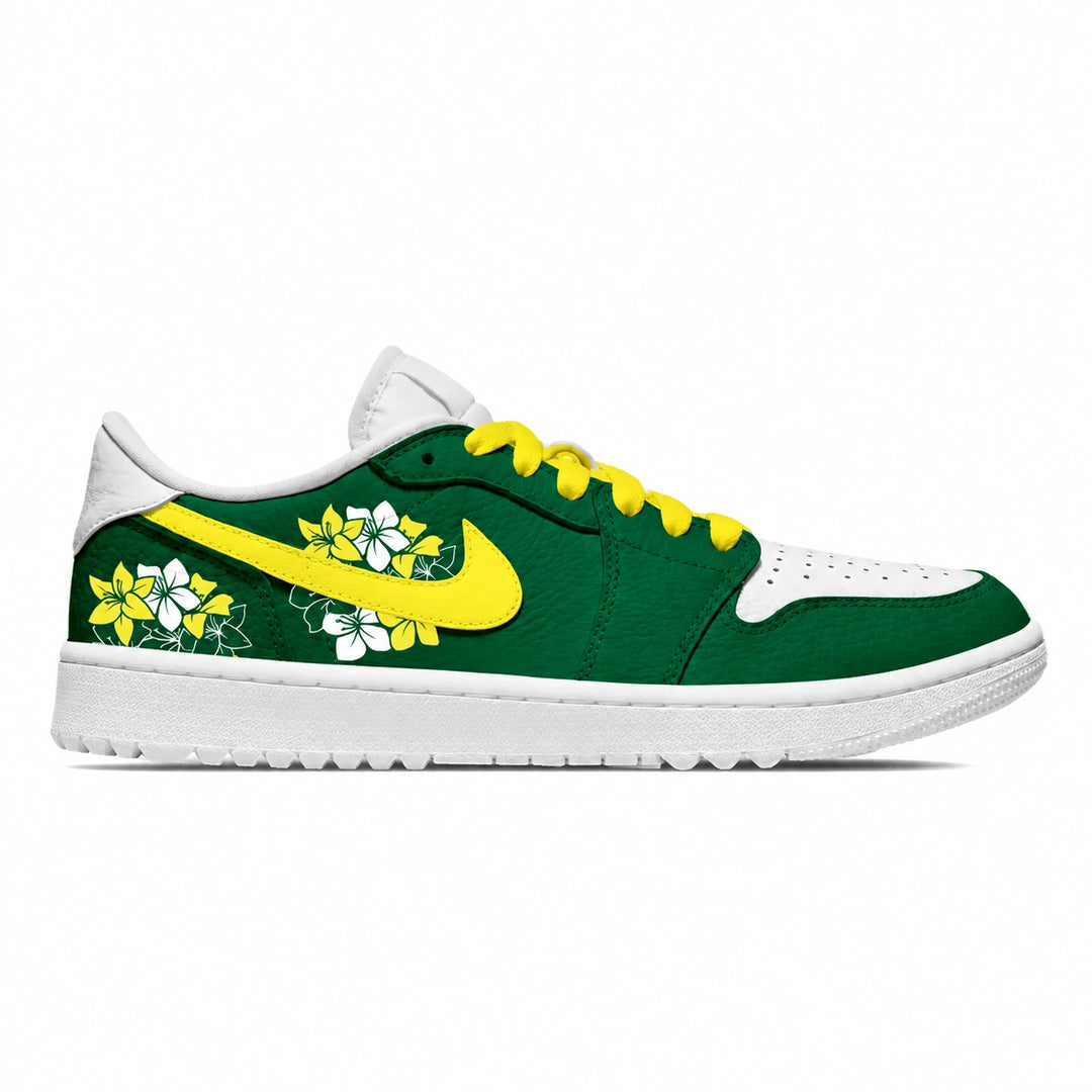 A green low-top golf sneaker with a bright yellow Nike Swoosh, yellow laces, and white floral graphics on the side, shown against a plain white background.