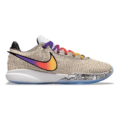Sunset Nike LeBron XX low-top basketball sneaker displayed for sale