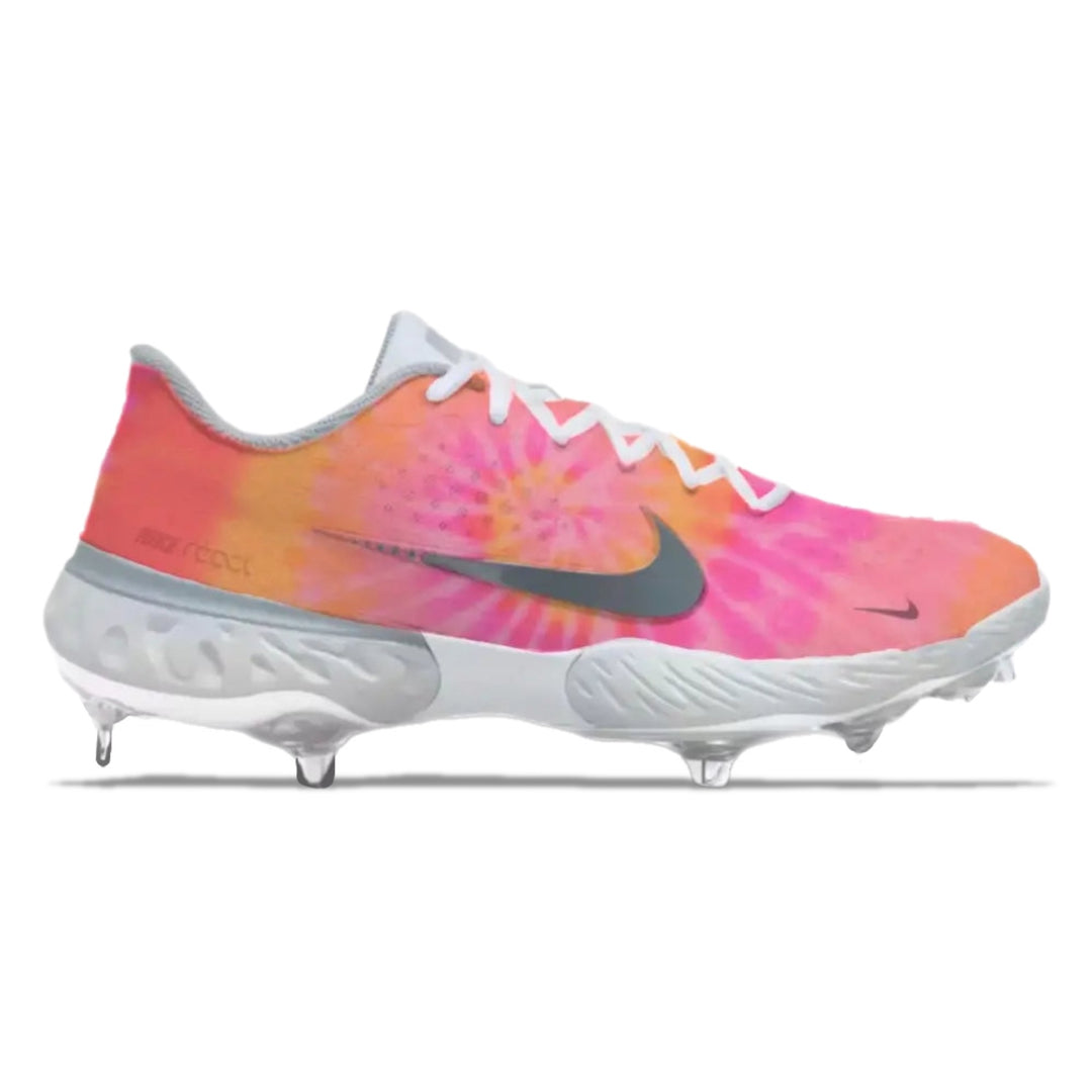 Colorful tie-dye cleat with Nike logo on a white background