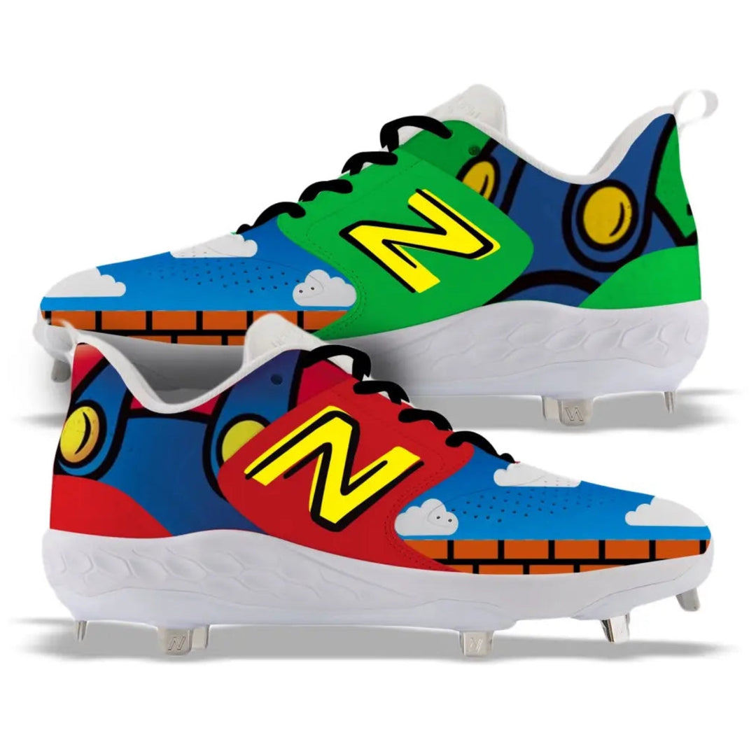 Colorful cleats with a prominent 'N' logo on a white background