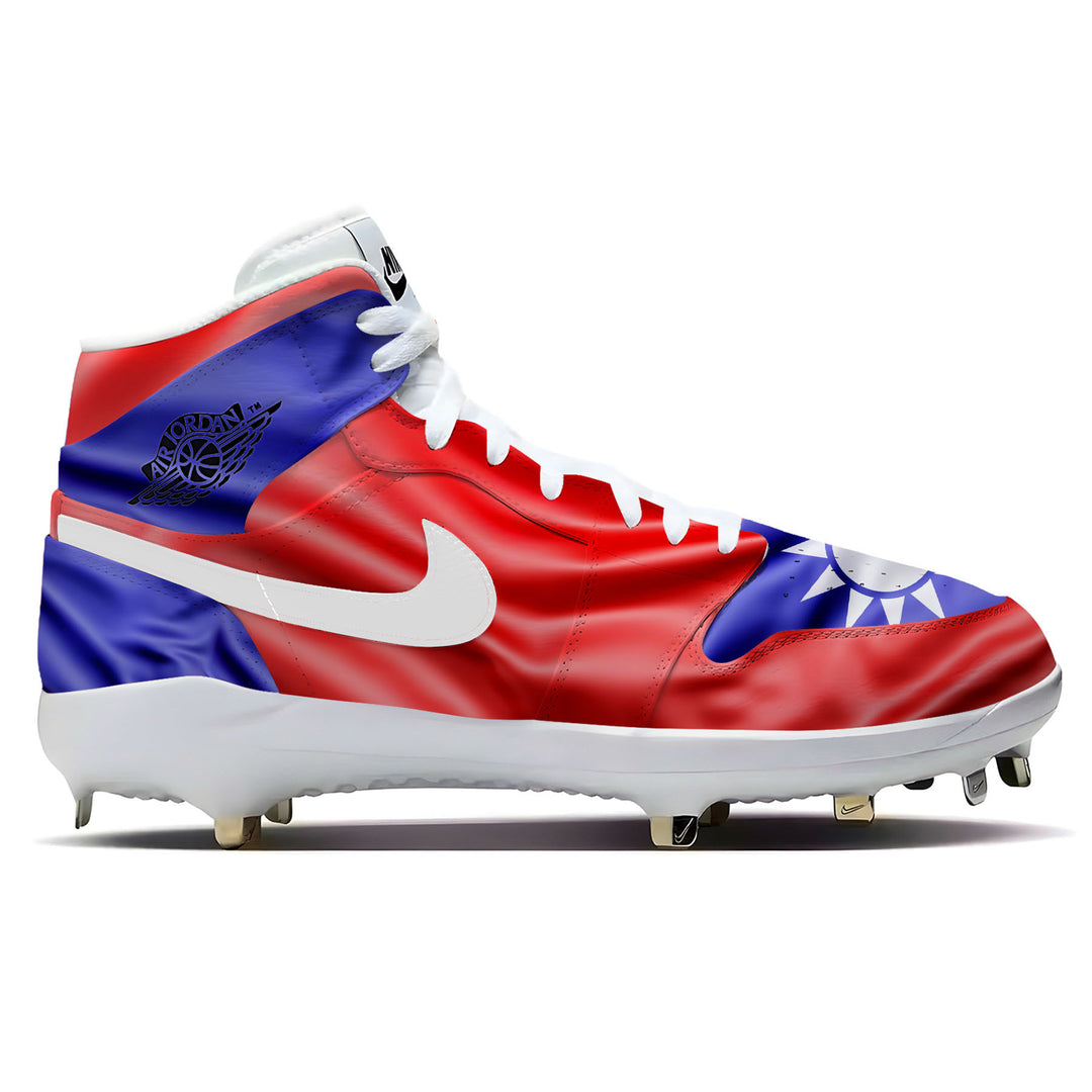 Jordan 1 Retro baseball cleats designed with a waving Taiwan flag featuring red, blue, and white patriotic colors