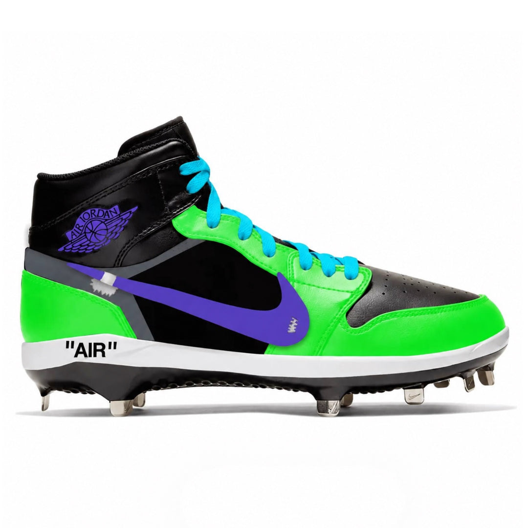 A Nike high-top baseball cleat featuring a vibrant neon green and black colorway with a purple swoosh, blue laces, and a white midsole with 'AIR' text, shown against a plain white background.
