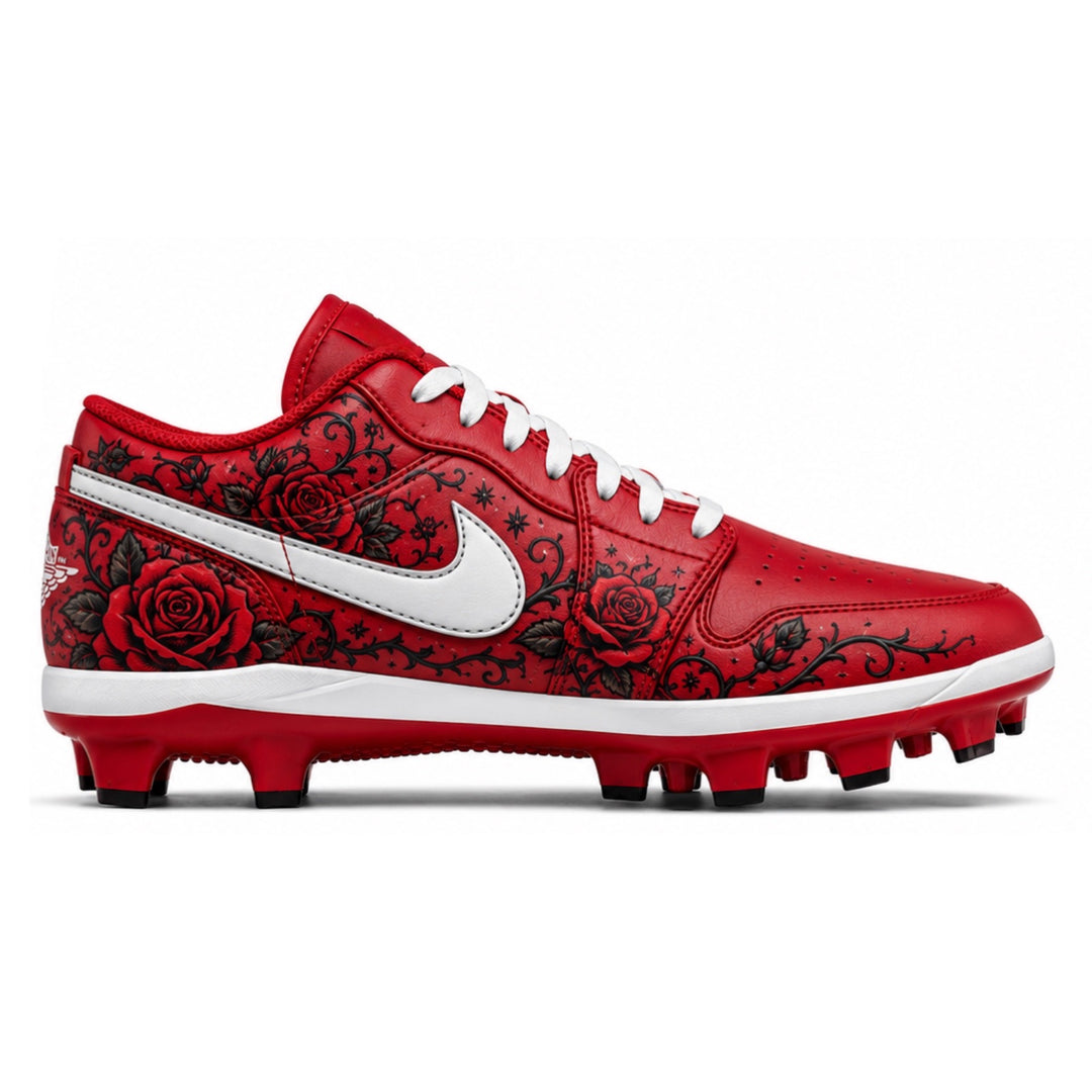 Red Jordan 1 Retro cleats with black rose tattoo print side view by Stadium Custom Kicks
