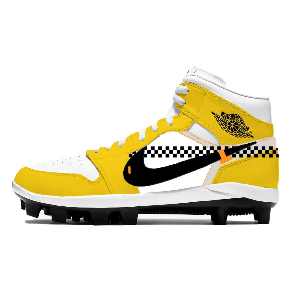 Yellow and white Air Jordan baseball cleat from Taxi Jordan 1 Retro Cleats collection