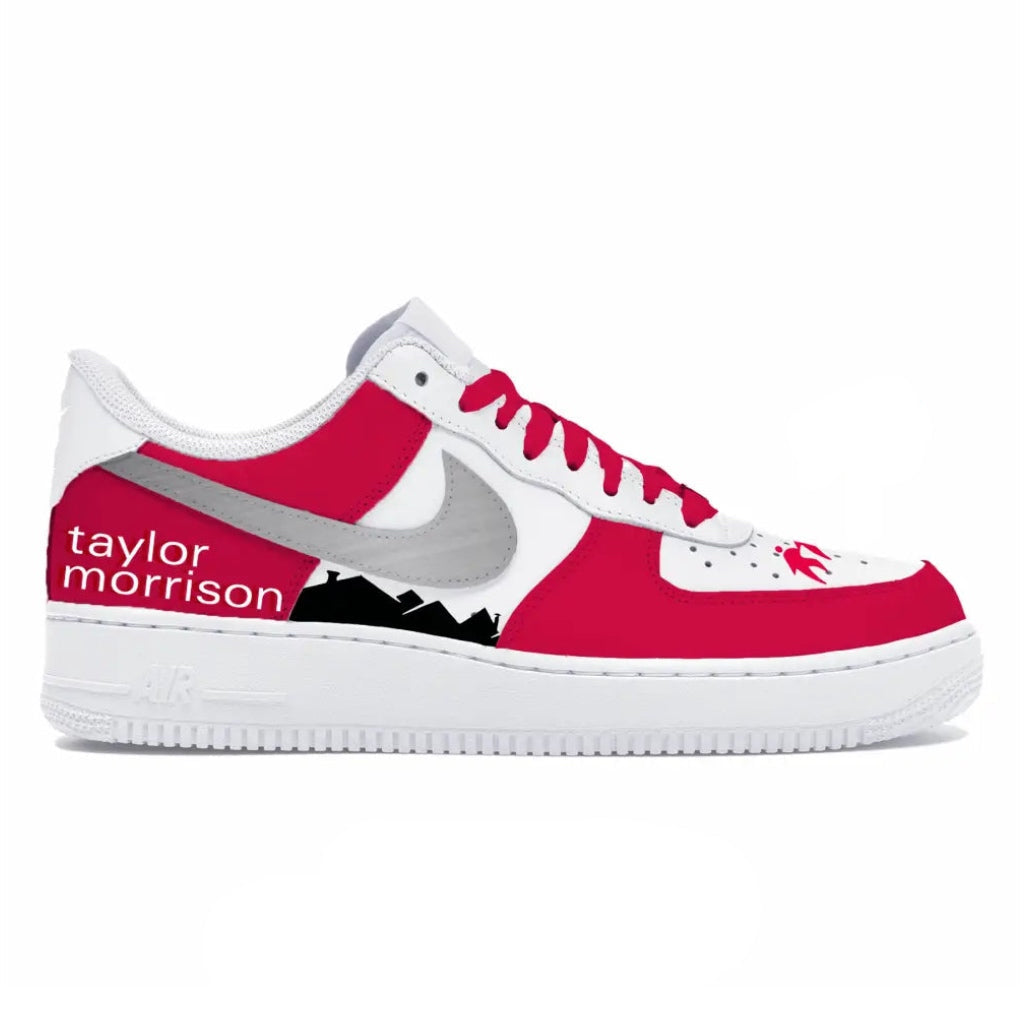 Red and white sneaker with 'taylor morrison' branding on a white background
