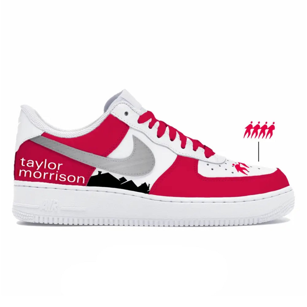 Red and white sneaker with 'taylor morrison' branding on a white background