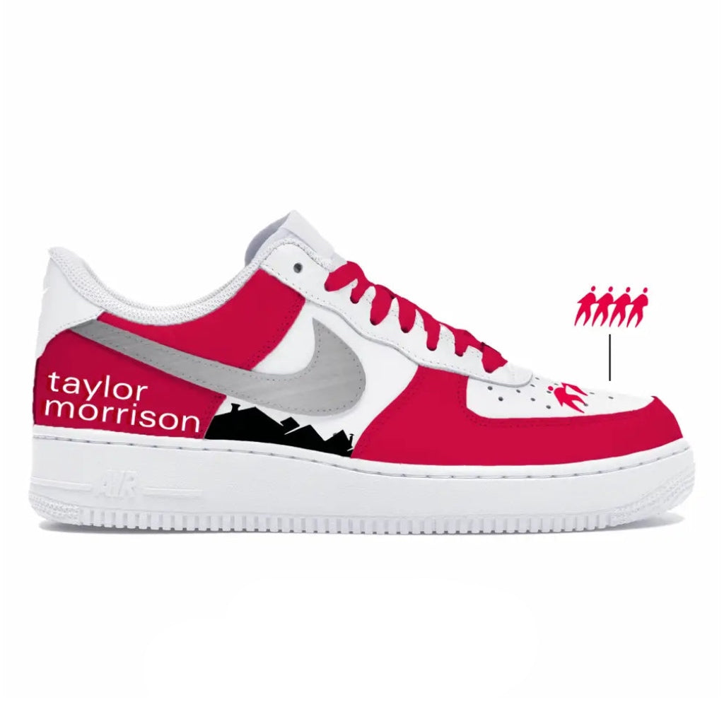 Red and white sneaker with 'taylor morrison' branding on a white background