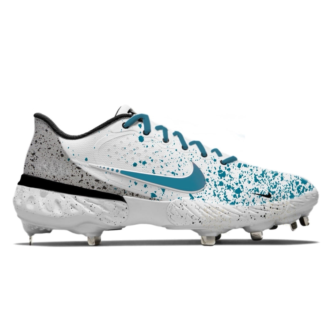White and blue cleated shoe with black accents on a white background