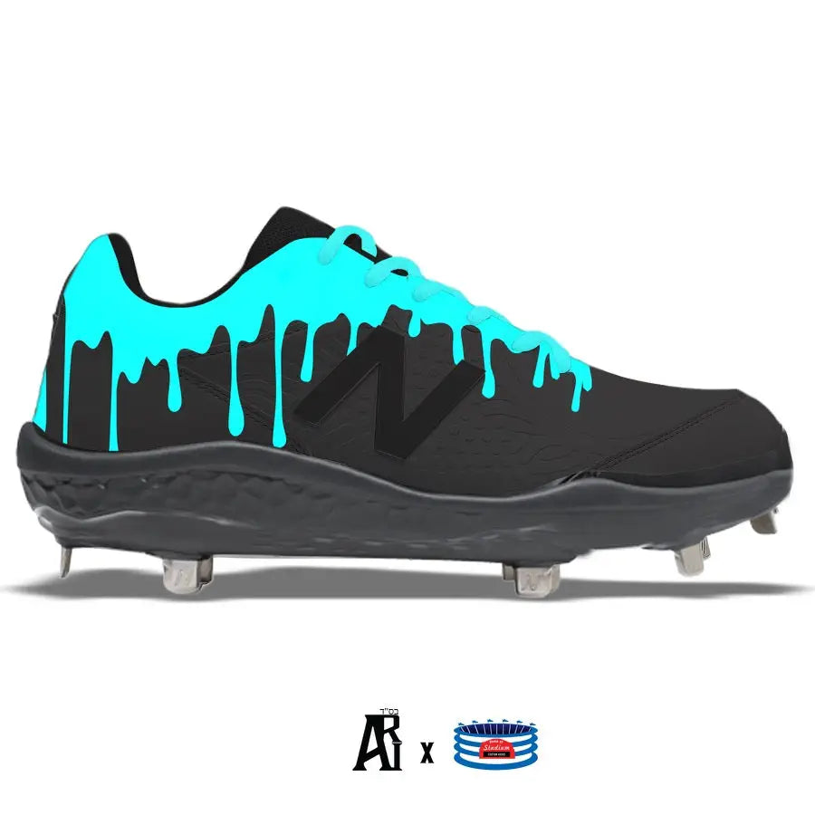 Black New Balance 3000v5 baseball cleat with vibrant turquoise drip design