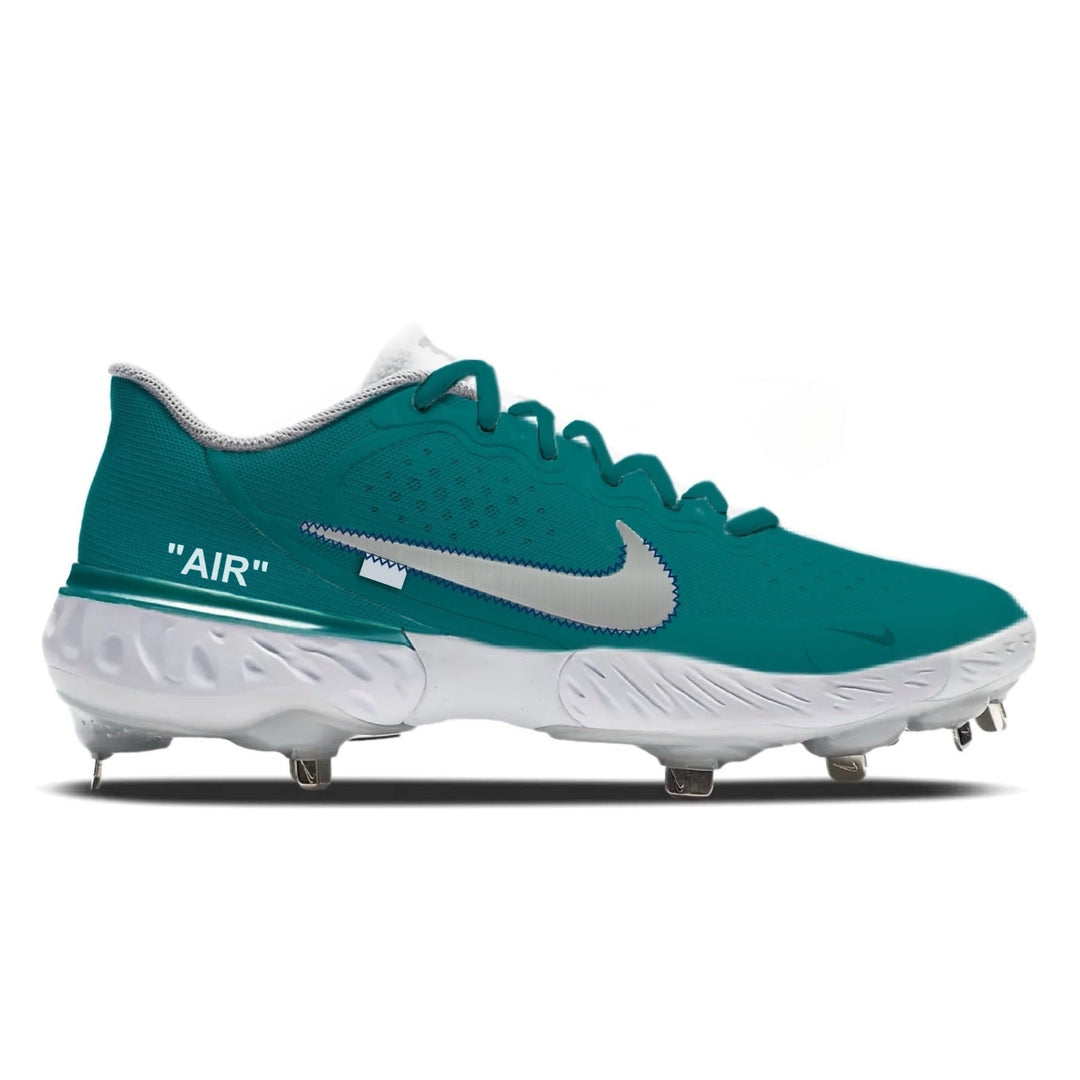 Teal baseball cleat with white sole on a white background
