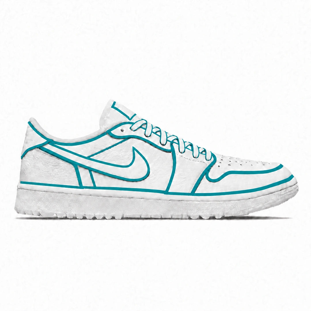 White Jordan 1 Low golf shoe with custom teal panel outlines, an teal-outlined Swoosh, and white laces with teal edges, shown from the side.