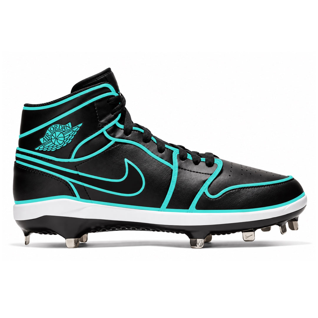 A black high-top baseball cleat with vibrant turquoise accents and a white midsole, featuring the Nike Swoosh and a Jordan Wings logo on the side.