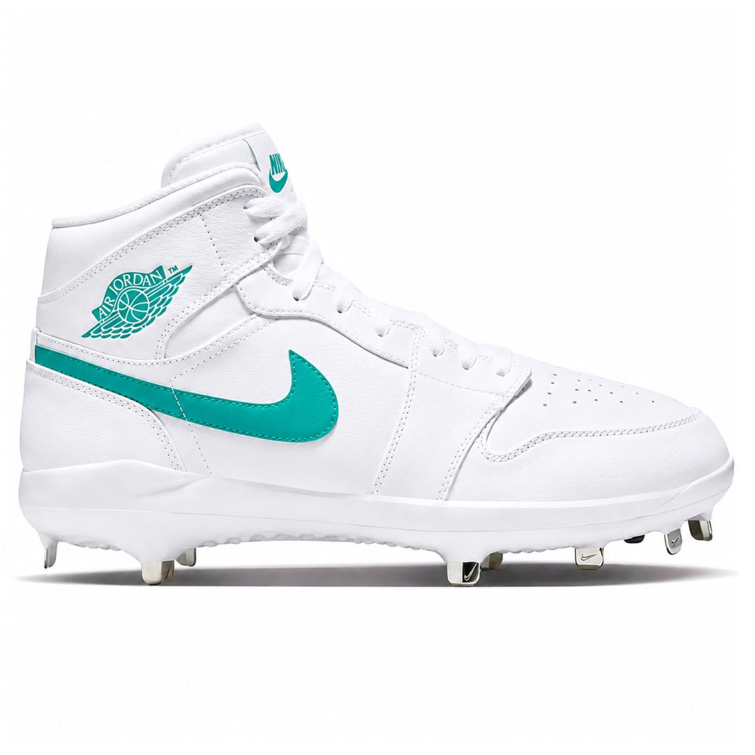 White and teal Jordan 1 Retro metal baseball cleats side view by Stadium Custom Kicks
