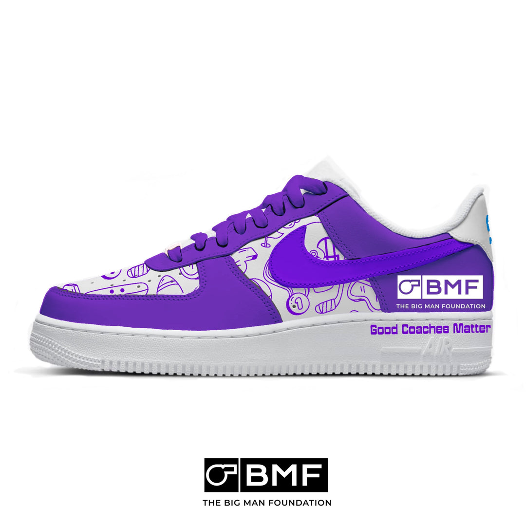 Purple and white sneaker with BMF branding on a white background