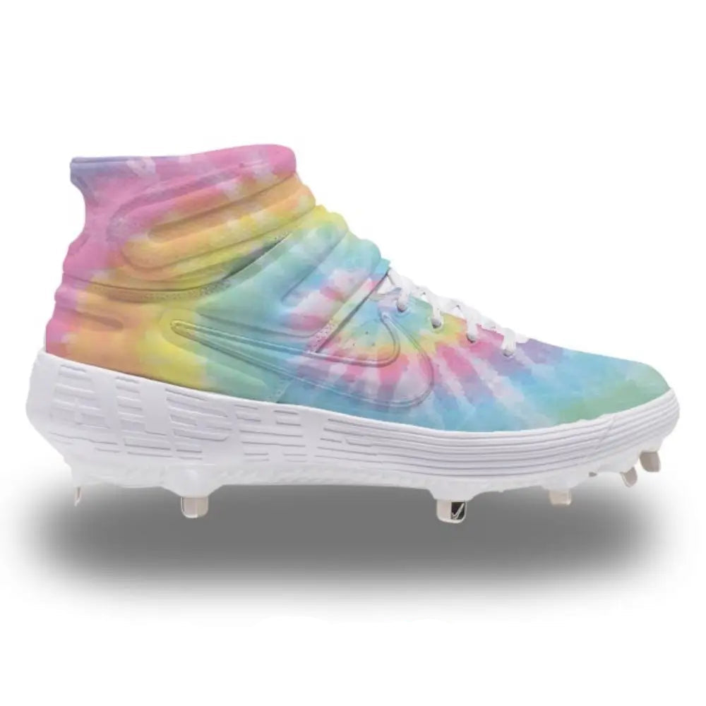 Colorful tie-dye Nike Alpha Huarache Elite 2 Mid baseball cleats for style and performance