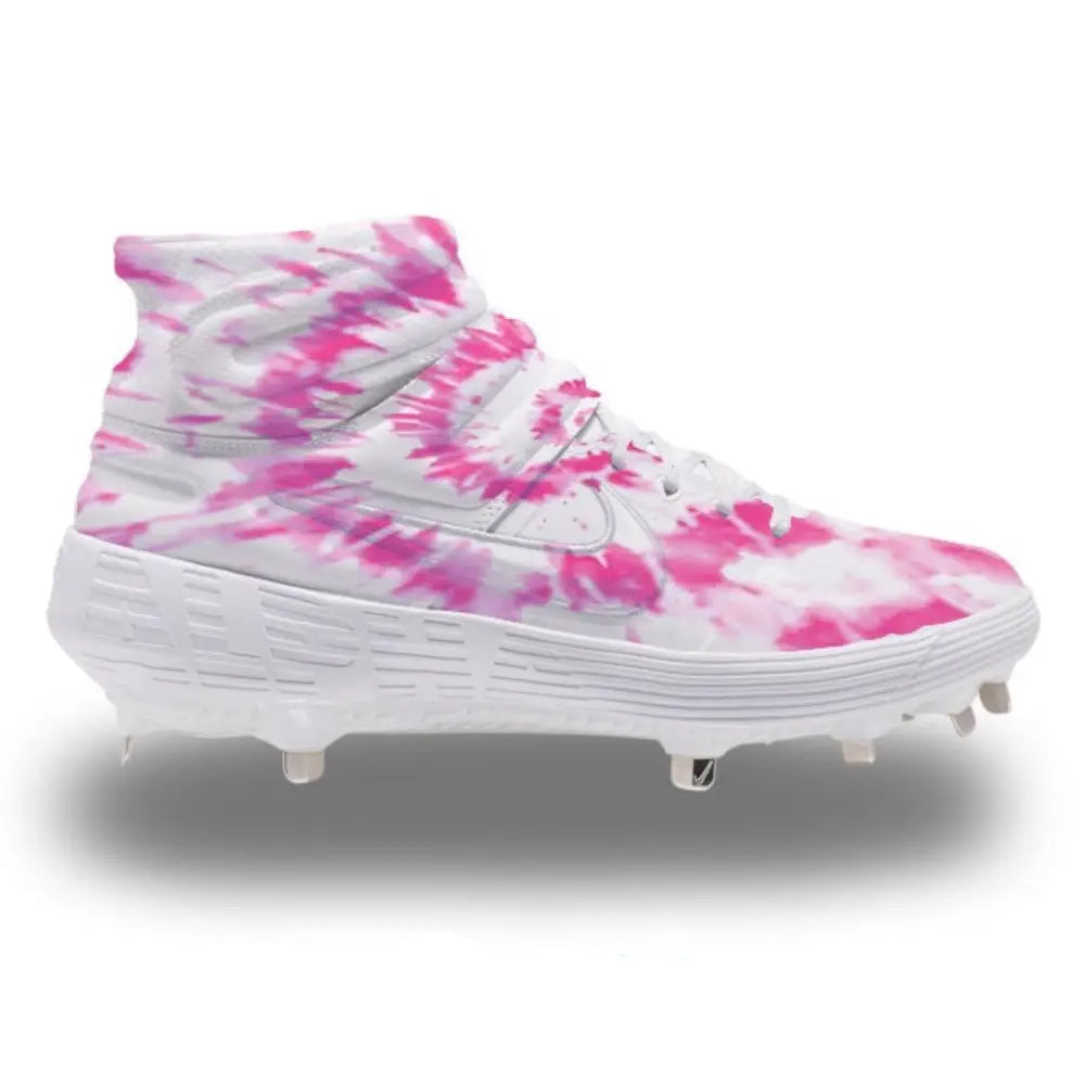 Pink tie-dye Nike Alpha Huarache Elite 2 Mid baseball cleat for optimal performance