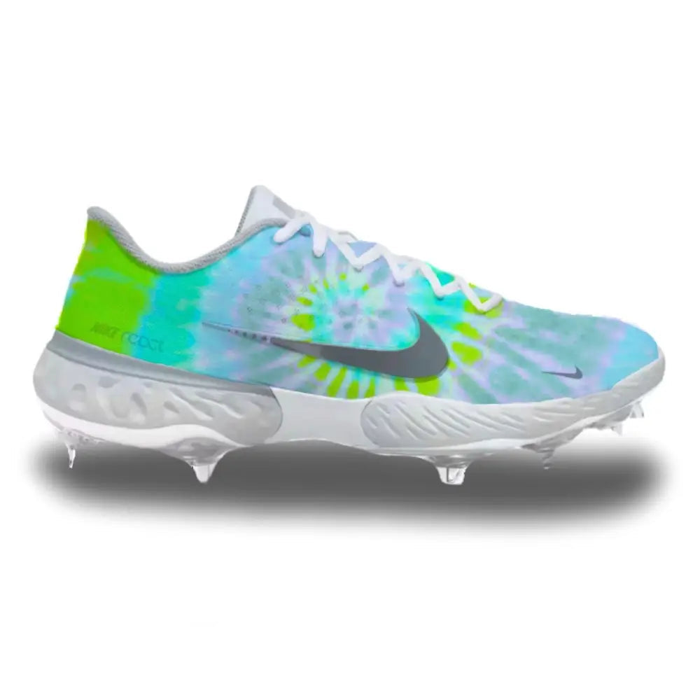 Tie-dye Nike Alpha Huarache Elite 3 Low Baseball Cleats display vibrant color pattern