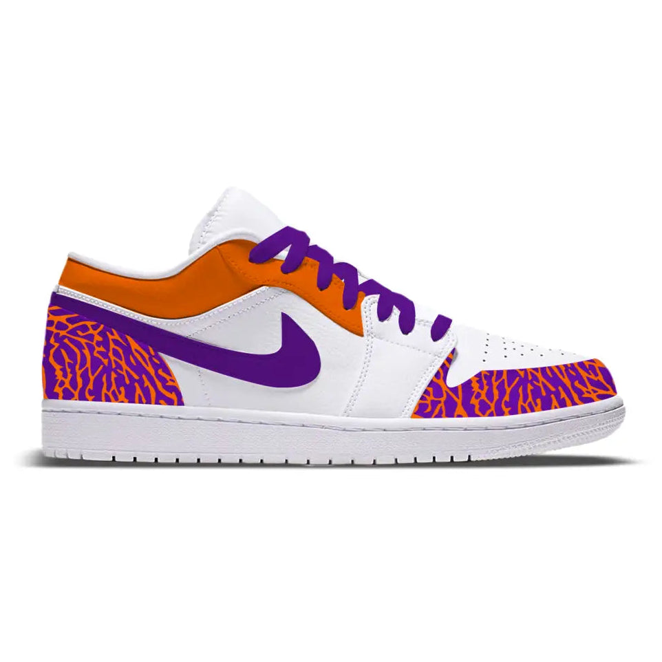 clemson tigers inspired orange, purple and white low top sneakers.