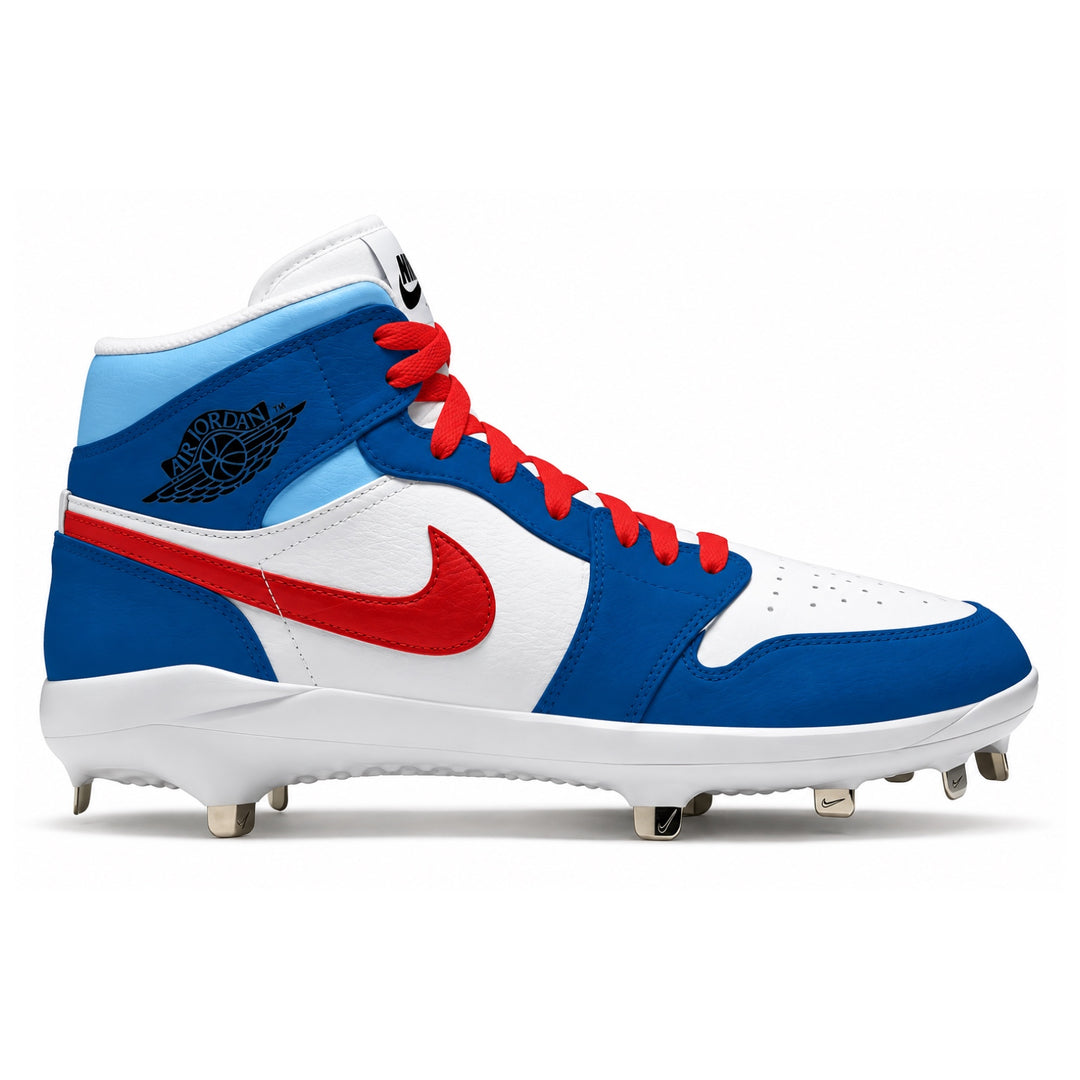 A high-top baseball cleat featuring a blue and white leather upper with a red Nike Swoosh, red laces, and a light blue collar, shown from the side on a white background.