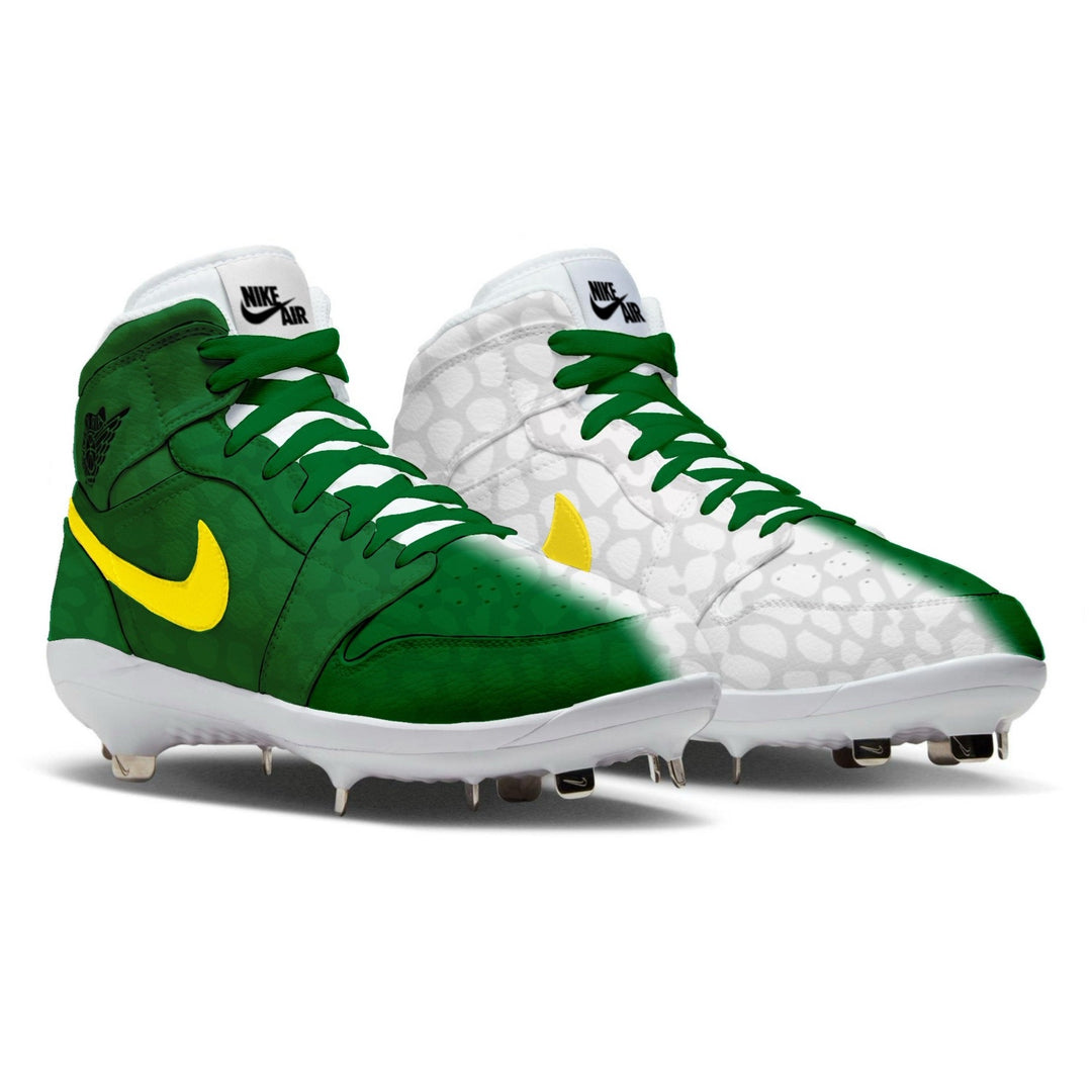 Toxic Venom Split Jordan 1 Retro Baseball Cleats featuring a green and white split colorway with yellow Nike Swoosh, snakeskin texture upper, Nike Air collar, and metal spike outsole by Stadium Custom Kicks
