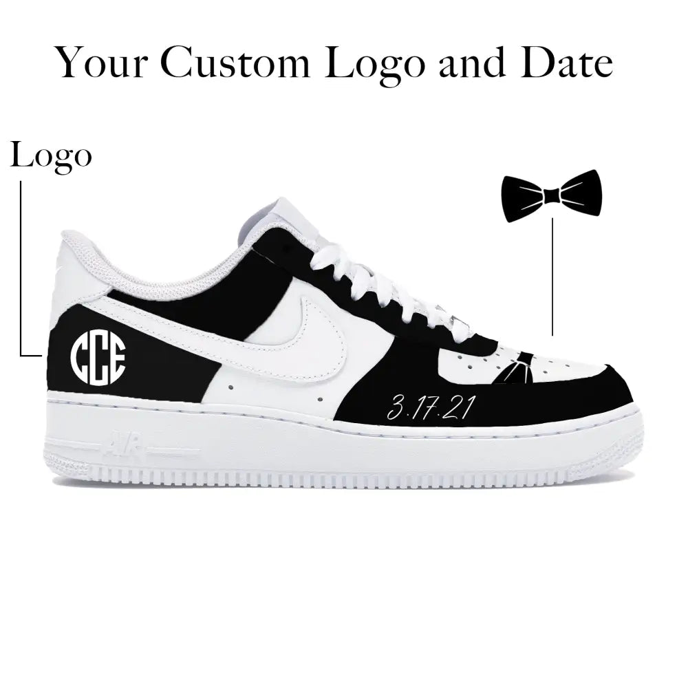 White sneaker with black accents, monogram, and date on a white background