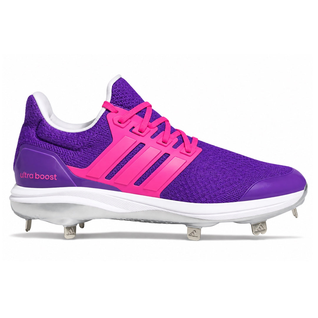 Purple Adidas Ultraboost DNA 5.0 cleats with pink laces pink gradient stripes and metal spikes side view by Stadium Custom Kicks