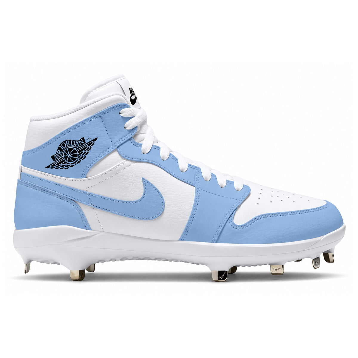 A Nike high-top baseball cleat in white and light carolina blue, featuring a black Jordan Wings logo on the side, white laces, and metal cleats on a white background.