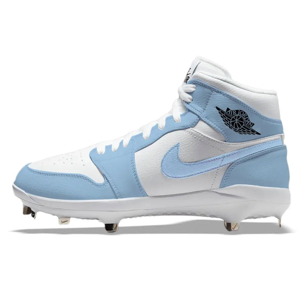 Light blue and white UNC Jordan 1 Retro Cleats for baseball performance