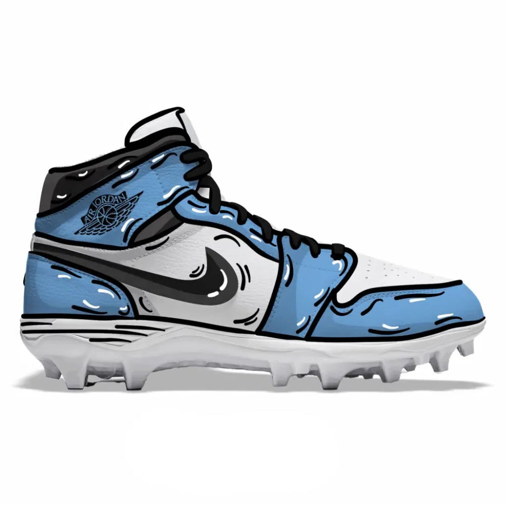 Blue and white cleated shoe with black accents on a white background