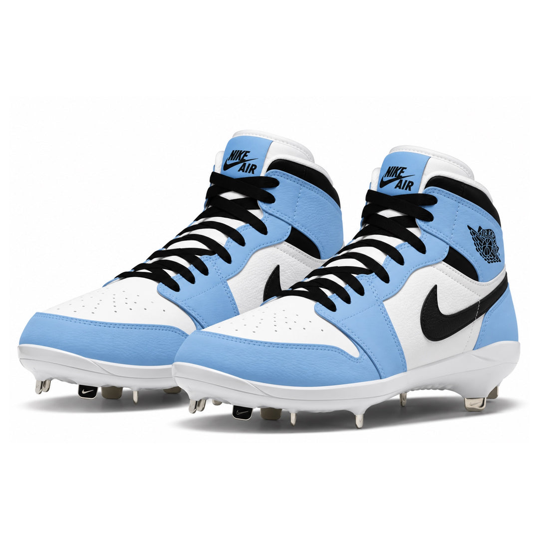 A pair of Nike Air Jordan high-top baseball cleats in light carolina blue, white, and black, shown from a three-quarters angle on a white background.