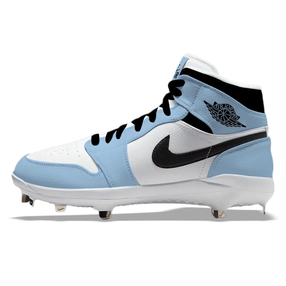 Light blue and white University Blue Jordan 1 Retro Cleats front view