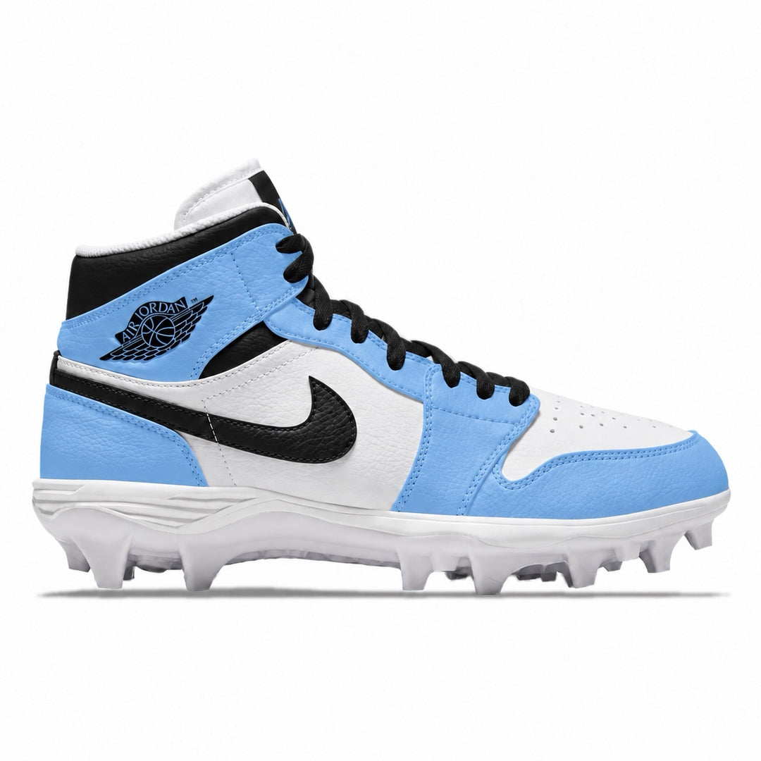 A high-top Nike football cleat in light blue, white, and black, featuring a white Nike swoosh, black laces, and a white cleat sole with studs, shown against a plain white background.