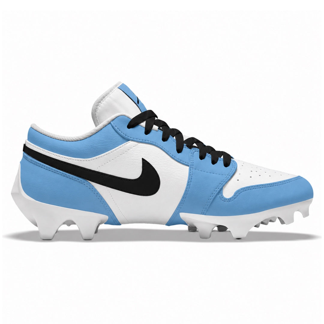 Light blue and white Jordan 1 Vapor Edge football cleats side view by Stadium Custom Kicks
