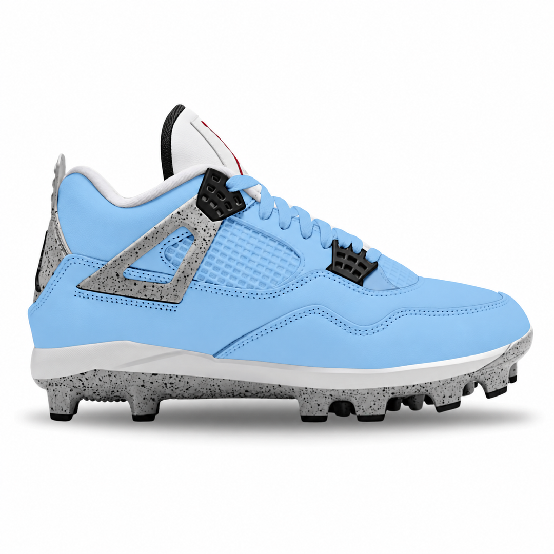 A light blue Air Jordan 4 Retro baseball cleat with gray and white speckled accents, white laces, and a white midsole on a clean white background.