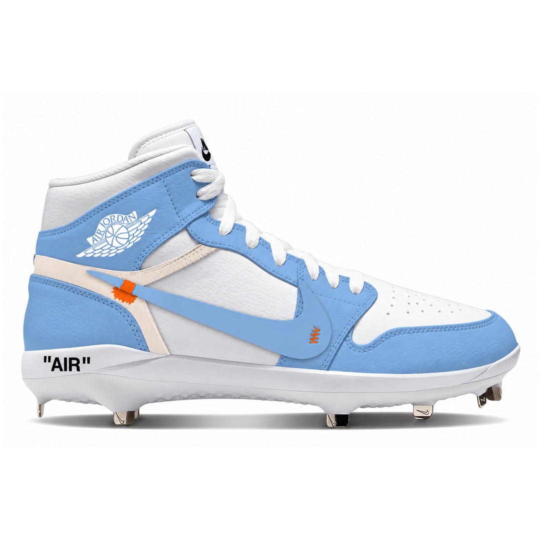 A Nike high-top baseball cleat in light blue, white, and beige, featuring a white Swoosh, a white Jumpman logo on the ankle, an orange 'AIR' accent, and metal studs.