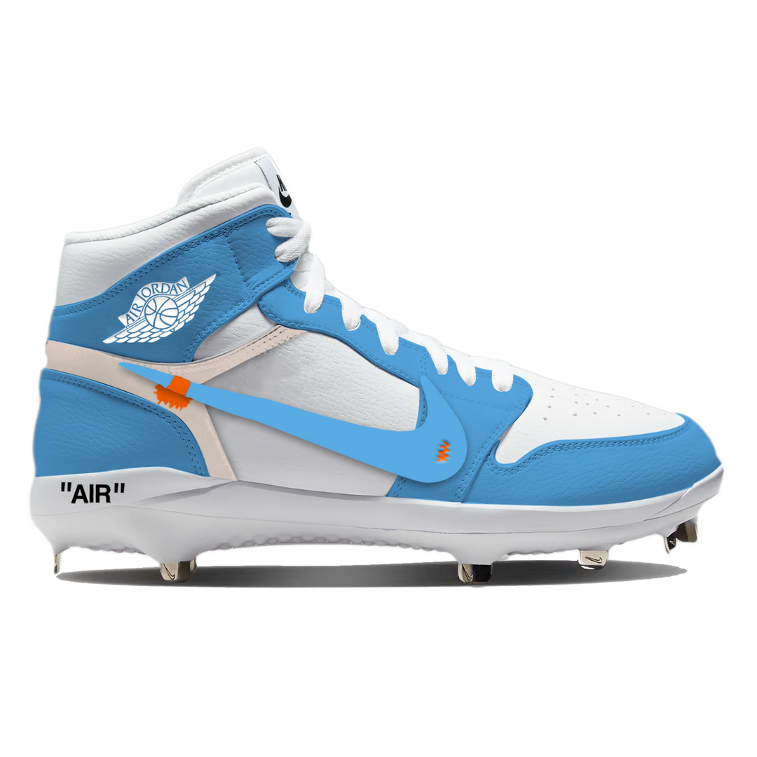 White and blue sneaker with cleats on a white background