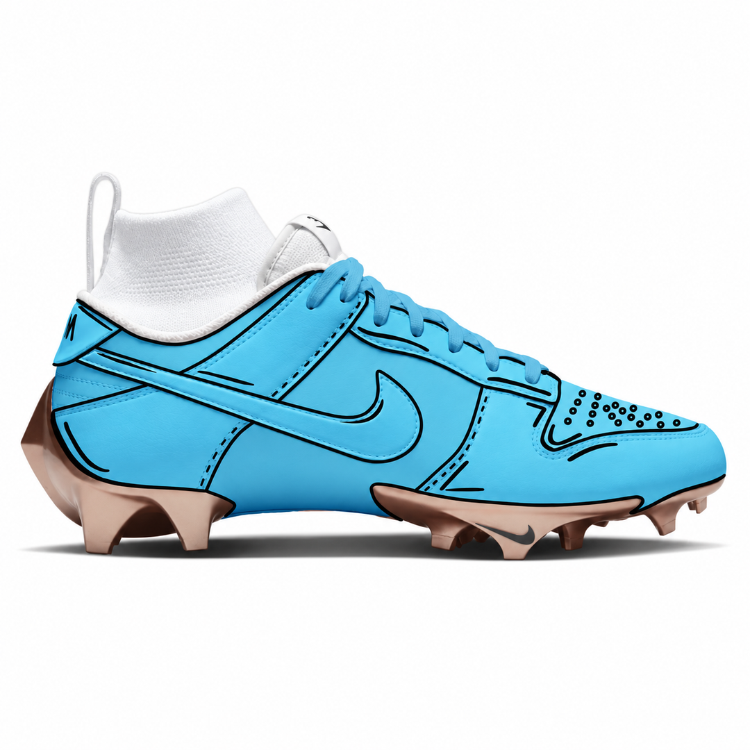 A Nike football cleat in light blue with black line-art style detailing, a white sock, and metallic rose-gold cleats on a white background.