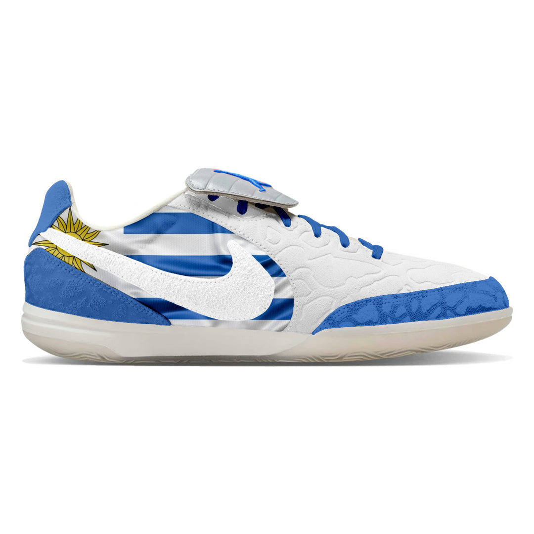 Jordan Tiempo Streetgato SE Indoor Soccer Shoes in a Uruguay colorway featuring a sky blue and white "La Celeste" design inspired by the Uruguayan national team, custom made by Stadium Custom Kicks