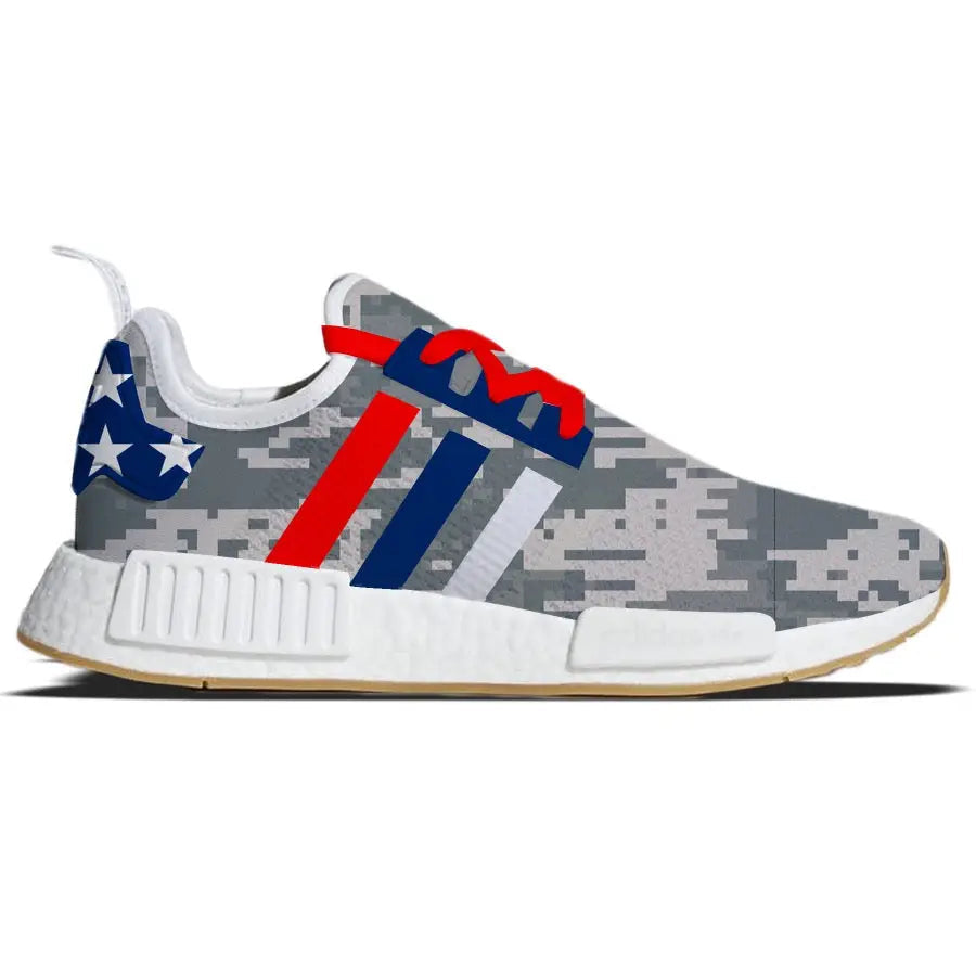 Camouflage athletic shoe with patriotic accents for the USA Camo Adidas NMD R1