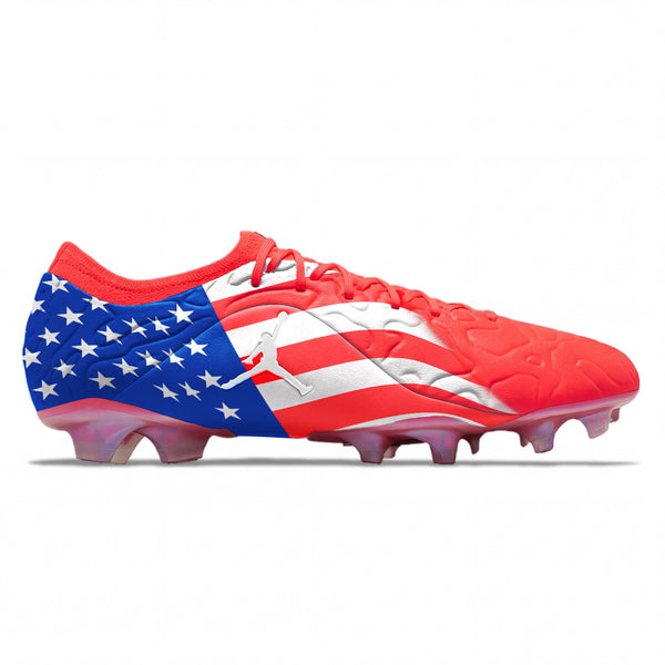 USA Jordan Tiempo Maestro Elite SE FG Soccer Cleats featuring an American flag design with red, white, and blue colorway, stars and stripes pattern, and Jumpman logo by Stadium Custom Kicks