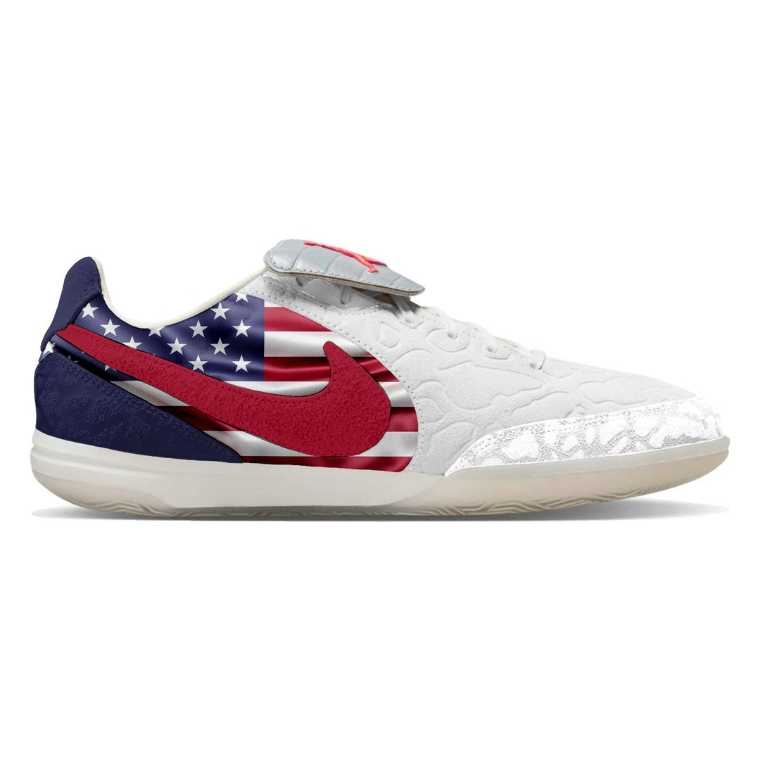 Jordan Tiempo Streetgato SE Indoor Soccer Shoes in a USA colorway featuring a red, white, and navy blue design inspired by the United States national team, custom made by Stadium Custom Kick