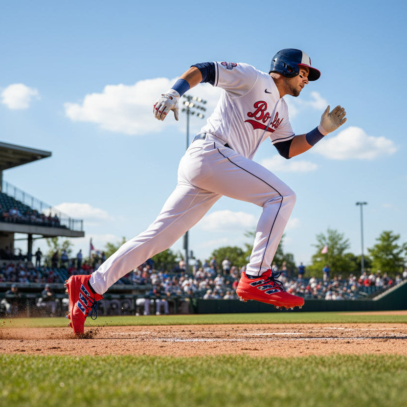 Baseball player wearing the USA Stars adidas adizero afterburner 8 custom red baseball cleats from stadium custom kicks. 