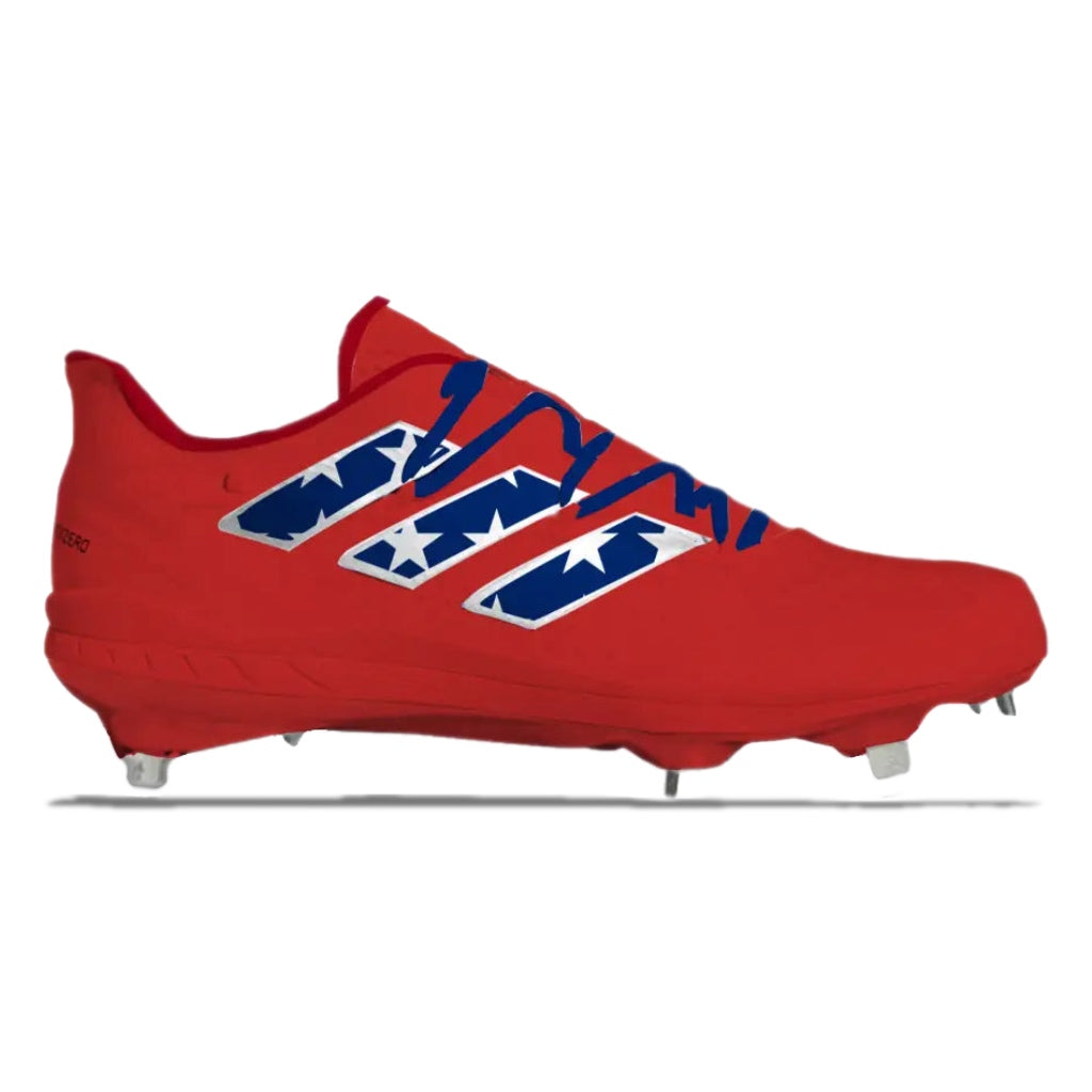Red cleat with blue and white logo on a white background