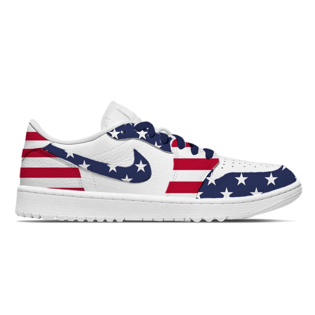 red, white and navy blue USA stars and stripes low top golf shoes.