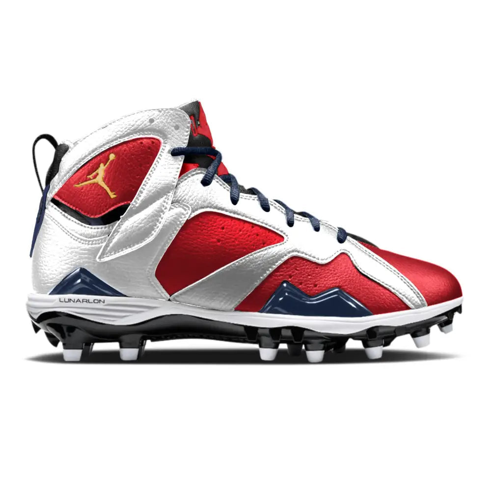 Red, white, gold and navy blue football cleats on a white background.