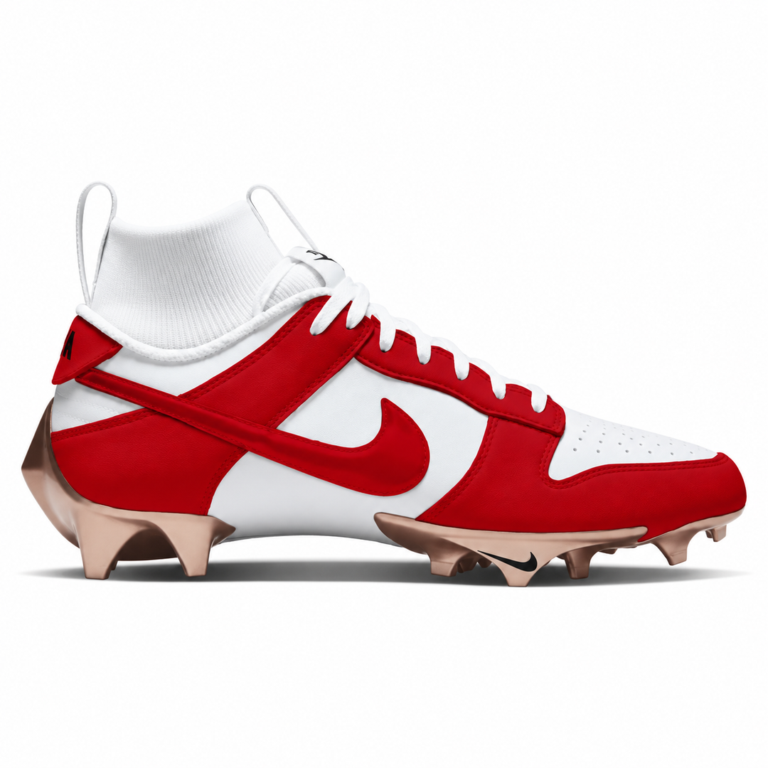A Nike football cleat in red and white with metallic rose gold cleats, shown in a side profile on a white background.