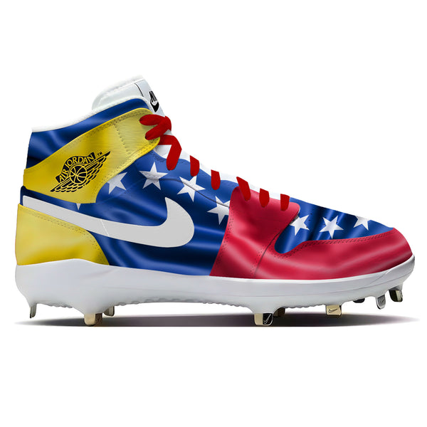 Venezuela waving flag artwork across Jordan 1 Retro baseball cleats with yellow, blue, and red stripes and white stars.